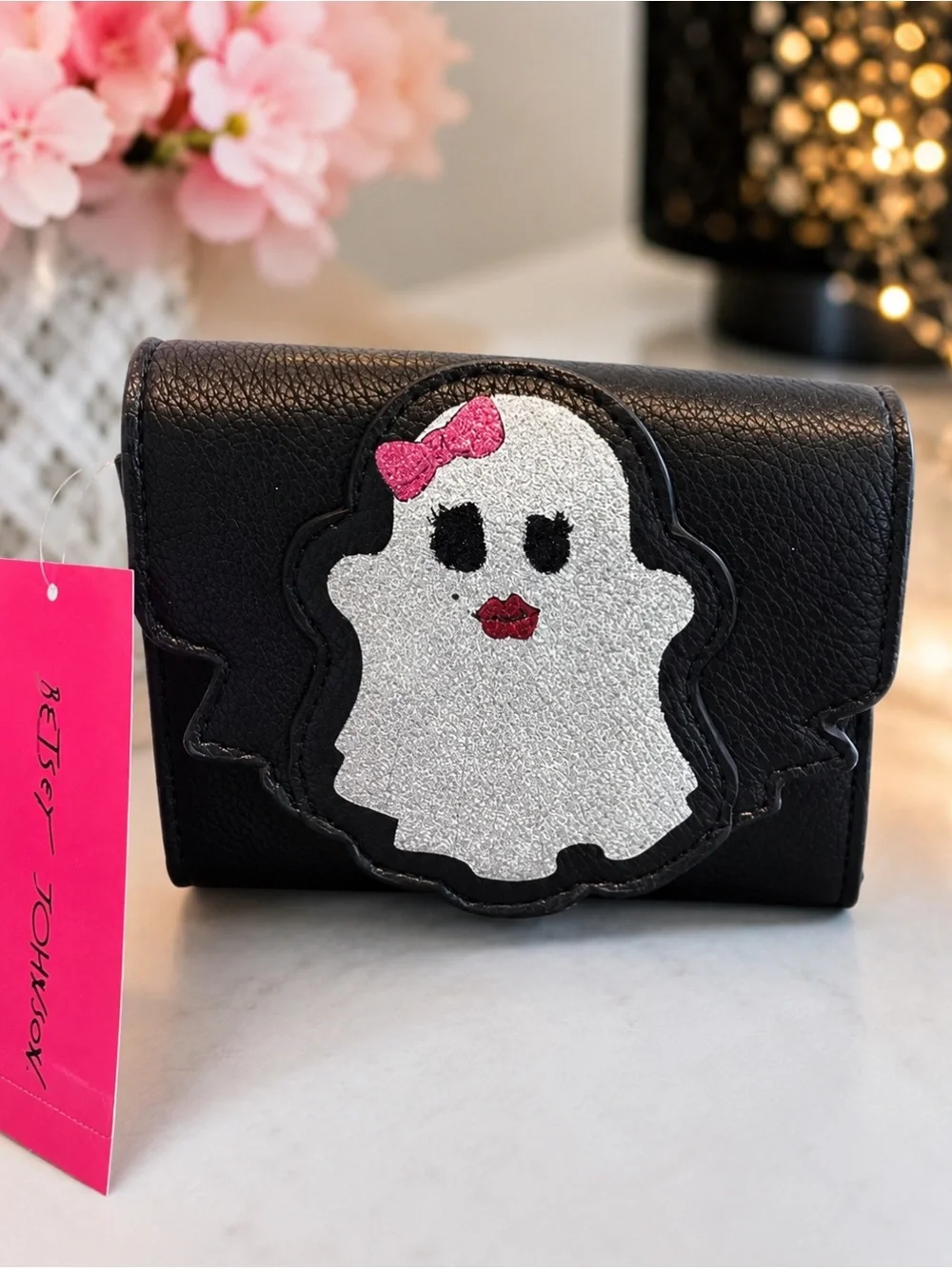 Betsey Johnson Black Wallet with Silver Glitter Ghost and Candy Corn Tail - NWT